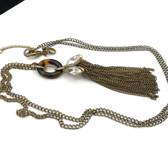 J.Crew Necklace 34" Faux Tortoise Shell Rhinestone Capped Tassel Chain Pendant - Picture 3 of 6